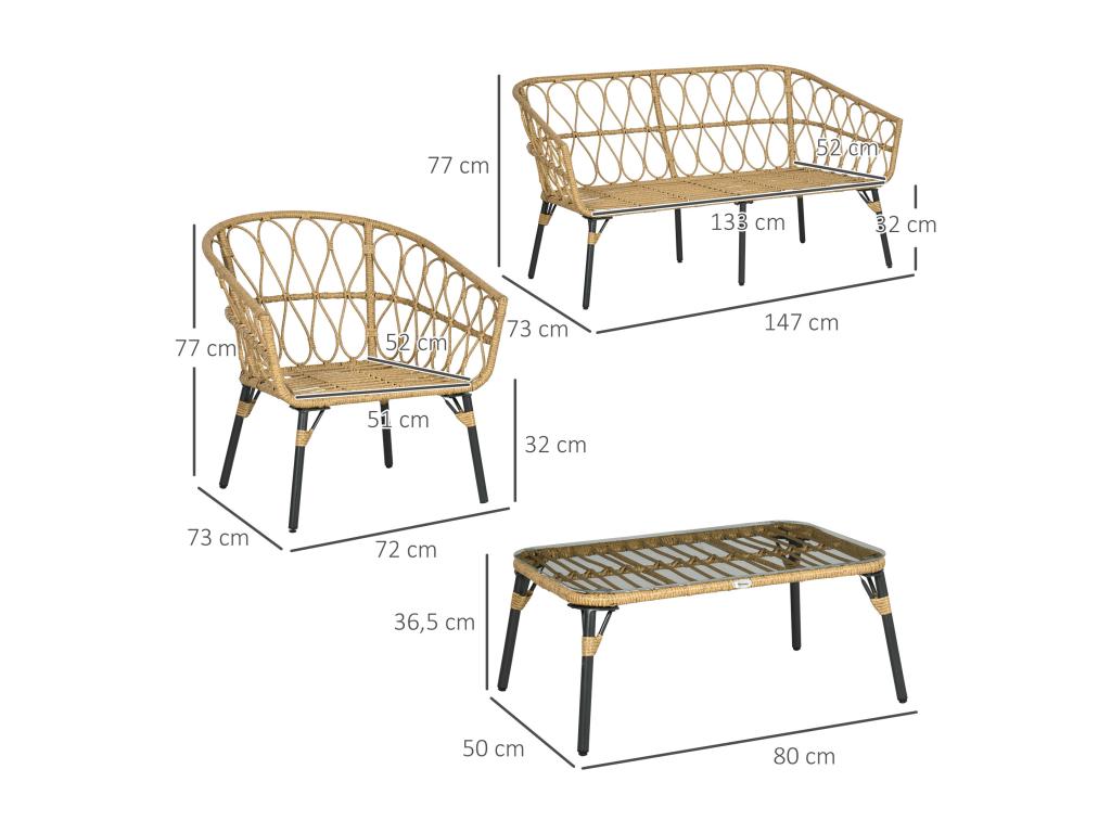 Salon de jardin 4 places 4 pièces style colonial table basse coussins gris inclus résine tressée aspect rotin