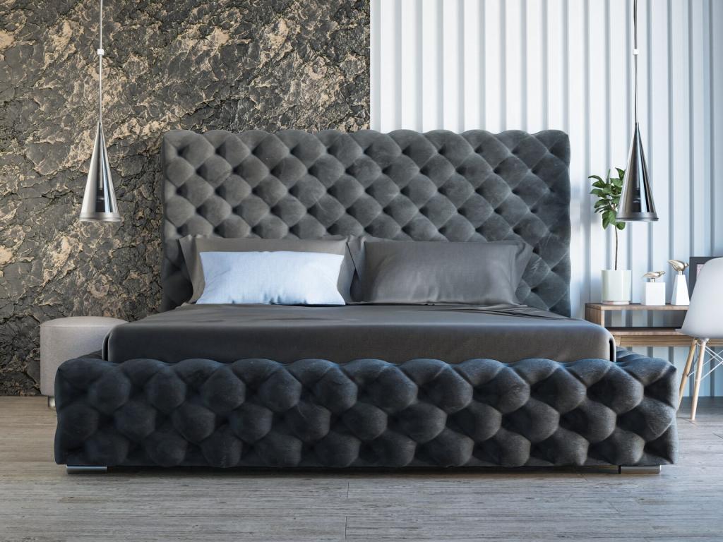 Lit rembourré avec rangement - 120x200 - lit double - velours - noir - Vertchez