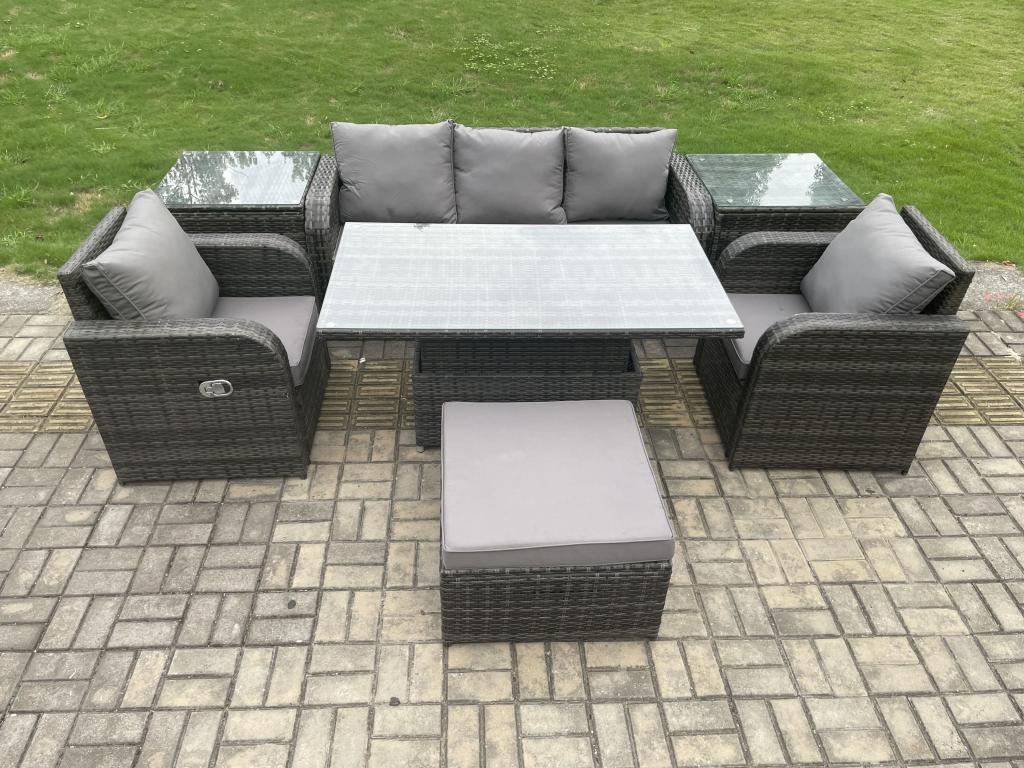 Ensemble de salle à manger jardin en rotin ave Canapé Table à manger réglable en hauteur 2 Chaises inclinables Tabourets MéMeublita gris foncé