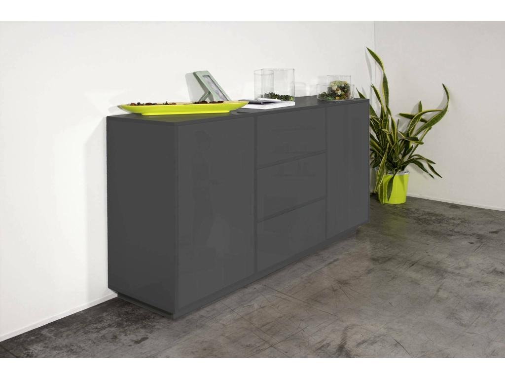 Buffet Meublitac Buffet de cuisine avec 2 portes et 3 tiroirs Buffet de salon Made in Italy 160x41h86 cm Anthracite Brillant
