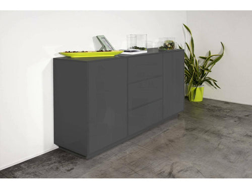 Buffet Meublitac Buffet de cuisine avec 2 portes et 3 tiroirs Buffet de salon Made in Italy 160x41h86 cm Anthracite Brillant