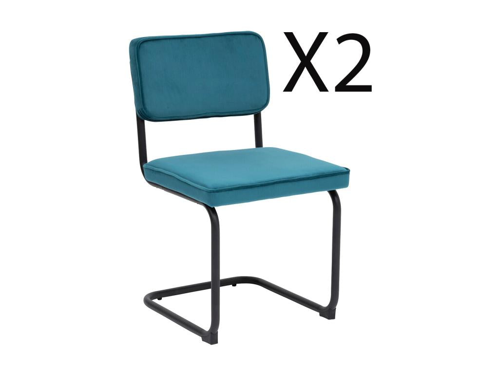Lot de 2 chaises en velours coloris Bleu Canard et pieds coloris chromé noir