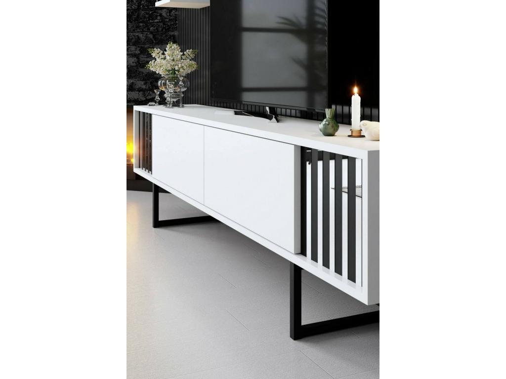 Meuble TV Vertchez Buffet de salon Armoire basse pour TV Base murale de rangement 180x30h48 cm Blanc et Noir