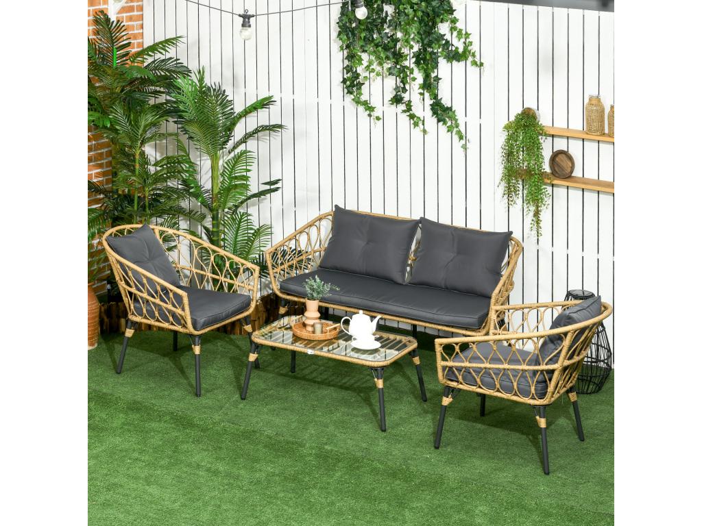 Salon de jardin 4 places 4 pièces style colonial table basse coussins gris inclus résine tressée aspect rotin