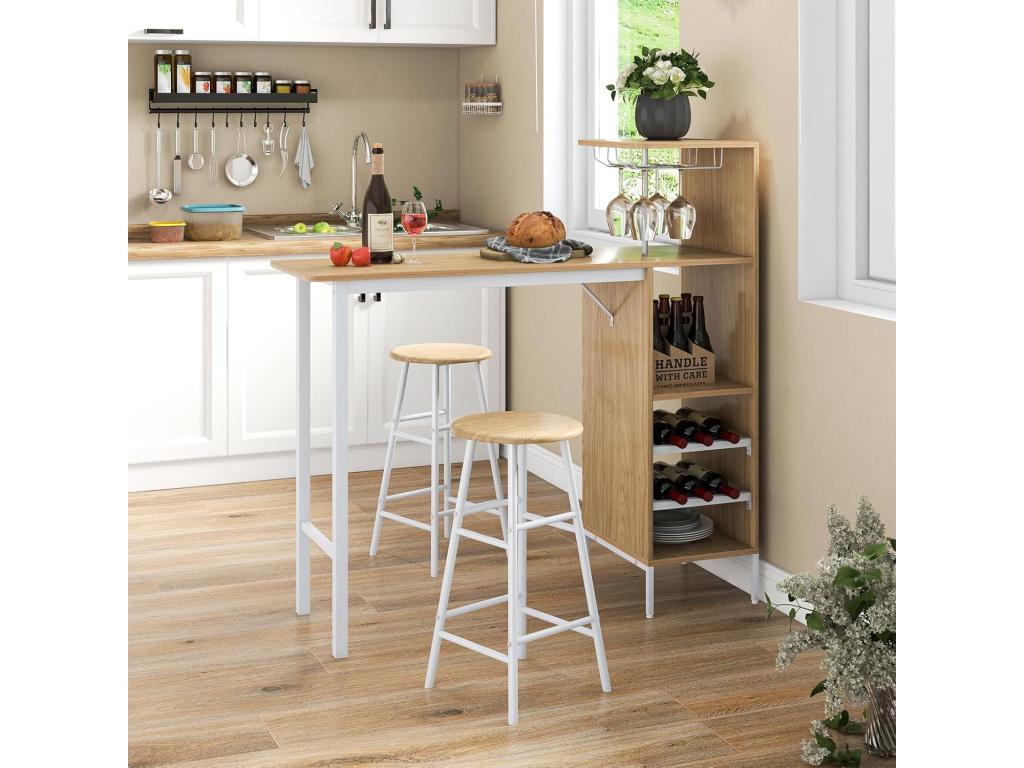 Table Haute Cuisine avec Tabouret avec Porte-Verre Porte-Bouteilles Table Bar avec Tabouret 2 Personnes Compact Naturel