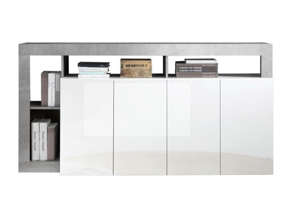 Buffet Vertchez effet béton / laqué blanc brillant 4 portes - 184x42 x Hauteur 93 cm