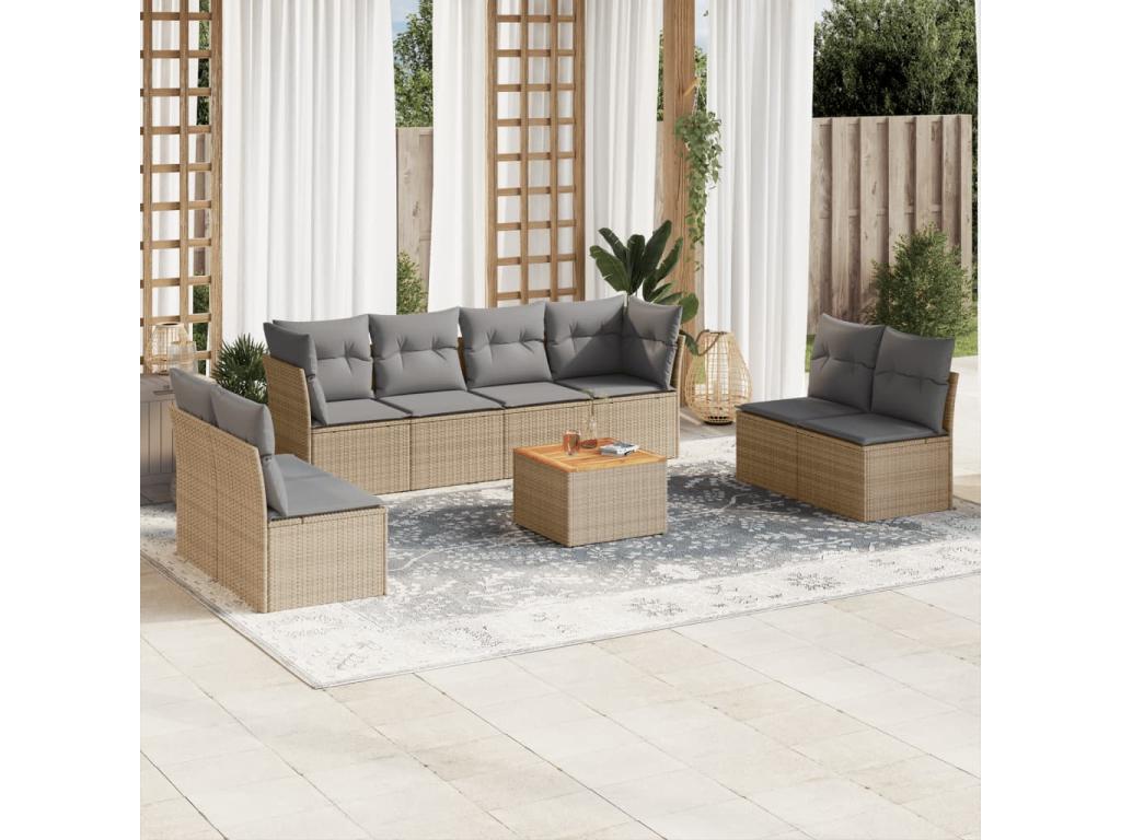 Salon de jardin avec coussins 9 pièces méMeublita beige résine tressée