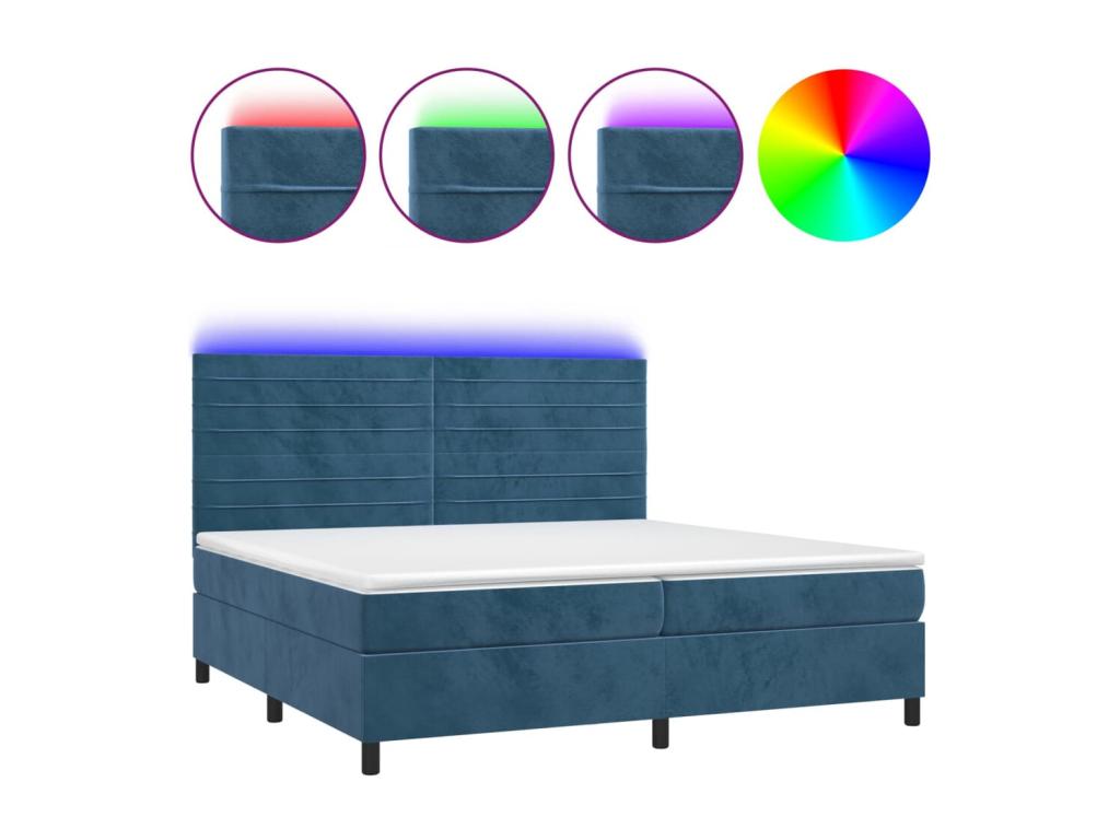 Sommier tapissier matelas et LED Bleu foncé 200x200 cm Velours