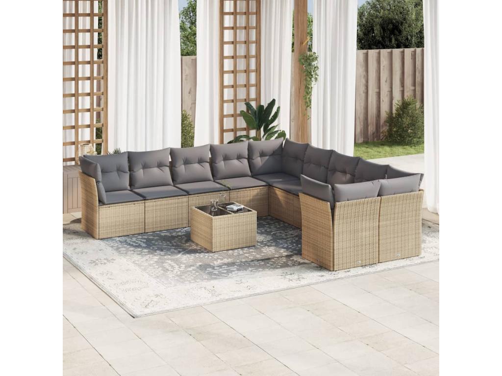 Salon de jardin 11 pcs avec coussins beige résine tressée