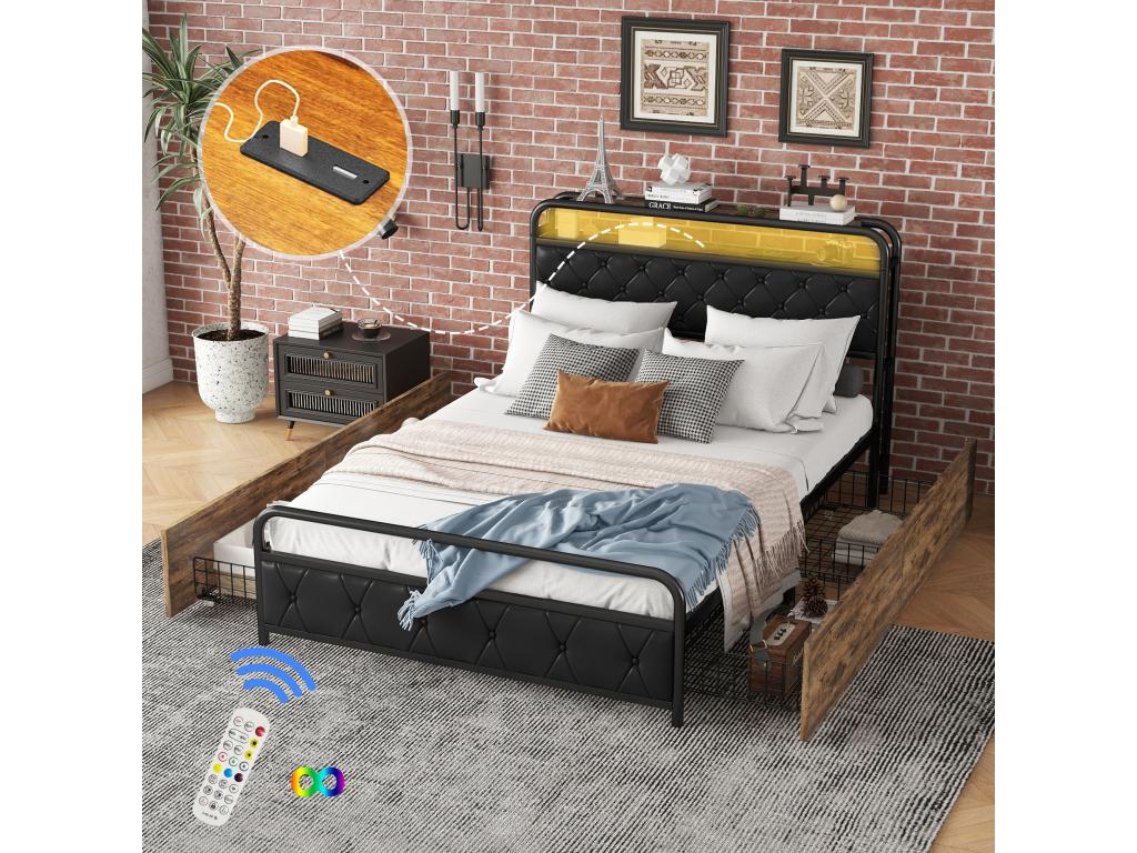 Lit plat 140x200cm-TOPESCT-lit à cadre en fer avec éclairage d'Meublita au lit prises USB 4 tiroirs lit adulte noir