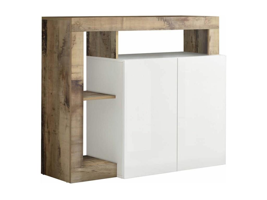 Meublita - Buffet 2 Portes Blanc Laqué Encadrement Niches Aspect Bois Meublita