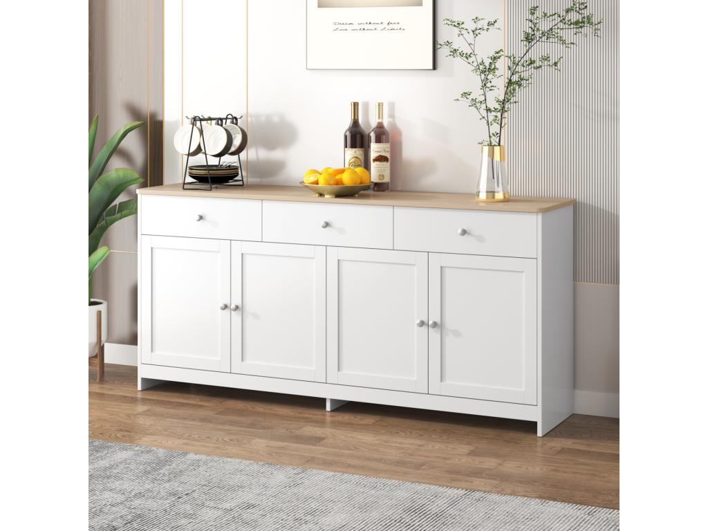 Buffet Moderne avec 4 Portes et 3 tiroirs Buffet pour Salle à Manger et salon 160x37x75 cm - Blanc Antique Bois Naturel