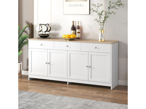 Buffet Moderne avec 4 Portes et 3 tiroirs Buffet pour Salle à Manger et salon 160x37x75 cm - Blanc Antique Bois Naturel