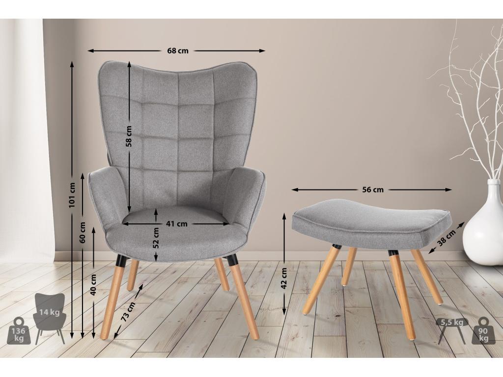 Fauteuil Avec Tabouret - Tissu / Bois - Gris - Meublita