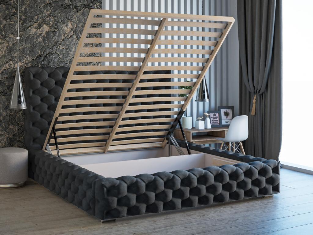 Lit rembourré avec rangement - 120x200 - lit double - velours - noir - Vertchez