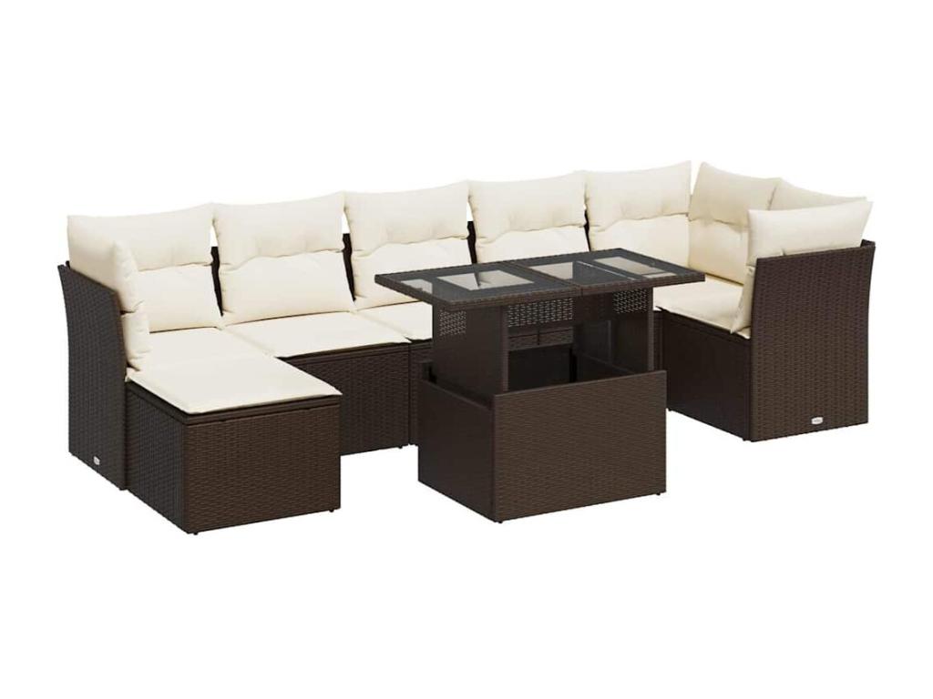 Salon de jardin 8 pcs avec coussins marron résine tressée