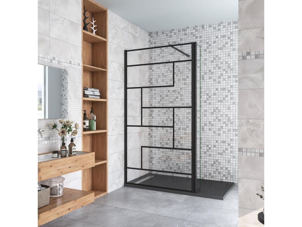 Paroi de douche fixe à l'italienne 70 40x200cm avec retour pivotant - Noir - avec barre de fixation 140cm récupérable