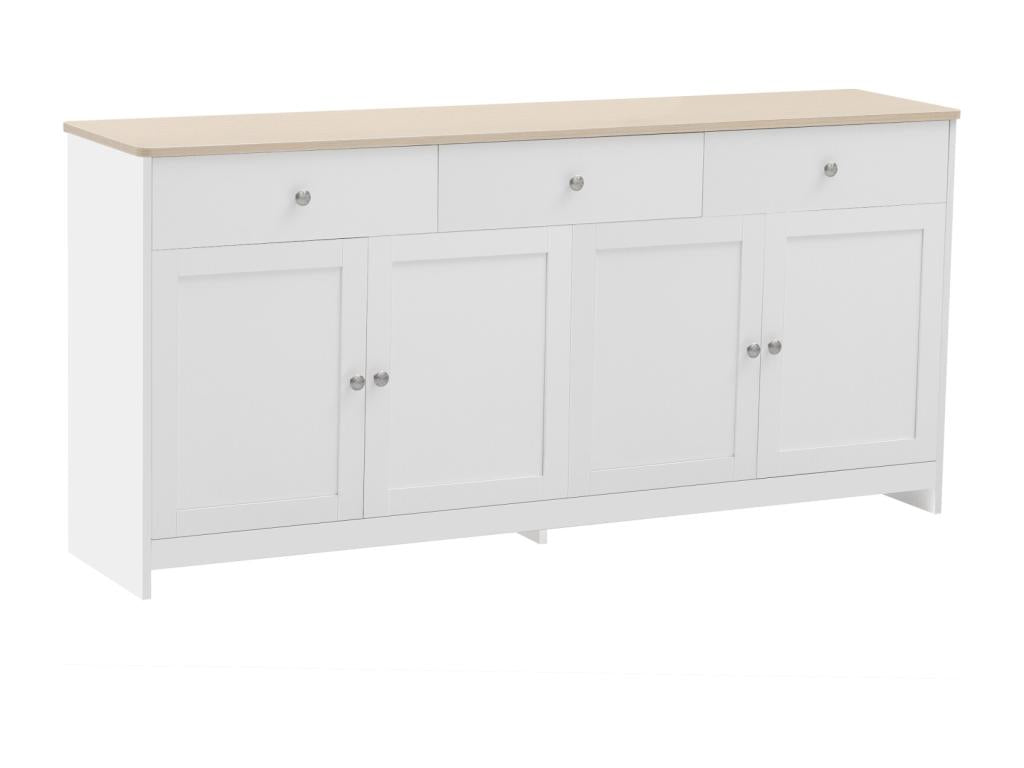 Buffet Moderne avec 4 Portes et 3 tiroirs Buffet pour Salle à Manger et salon 160x37x75 cm - Blanc Antique Bois Naturel