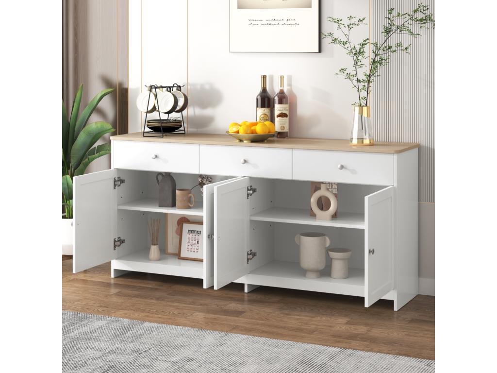 Buffet Moderne avec 4 Portes et 3 tiroirs Buffet pour Salle à Manger et salon 160x37x75 cm - Blanc Antique Bois Naturel