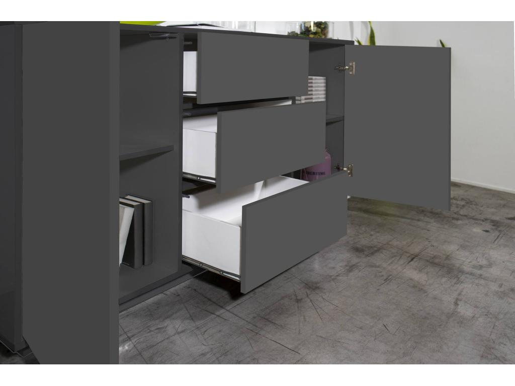 Buffet Meublitac Buffet de cuisine avec 2 portes et 3 tiroirs Buffet de salon Made in Italy 160x41h86 cm Anthracite Brillant
