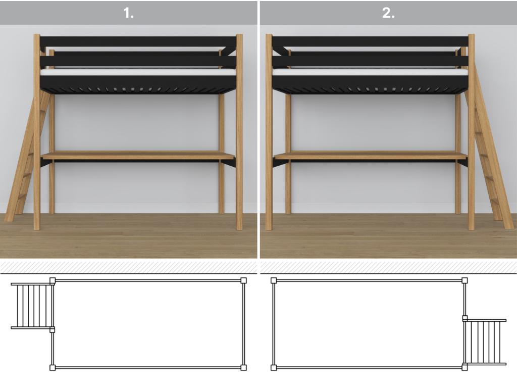 Lit mezzanine en bois - avec bureau N02 Noir / Chêne Naturel 100x200