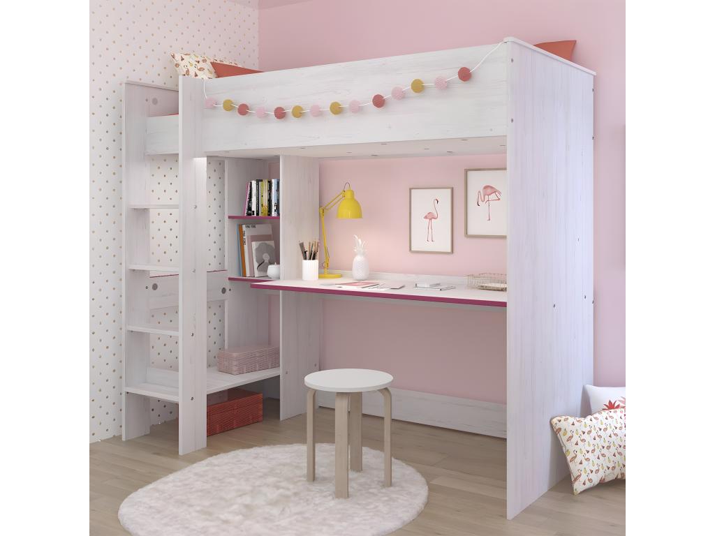 Lit Mezzanine avec Bureau effet bois blanc - 90x200 - Meublita