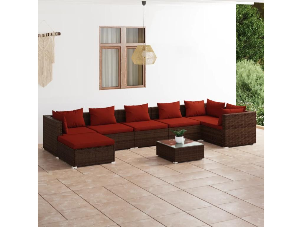 Salon de jardin 8 pièces avec coussins résine tressée marron
