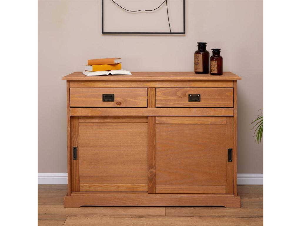 Buffet Doucezen bahut vaisselier commode avec 2 tiroirs et 2 portes coulissantes en pin massif lasuré brun