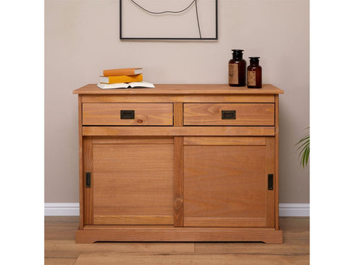 Buffet Doucezen bahut vaisselier commode avec 2 tiroirs et 2 portes coulissantes en pin massif lasuré brun