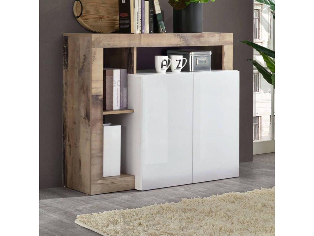 Meublita - Buffet 2 Portes Blanc Laqué Encadrement Niches Aspect Bois Meublita