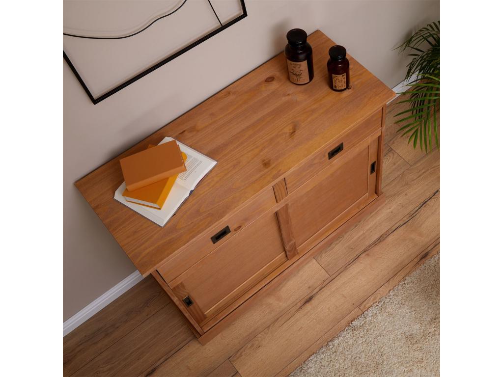 Buffet Doucezen bahut vaisselier commode avec 2 tiroirs et 2 portes coulissantes en pin massif lasuré brun