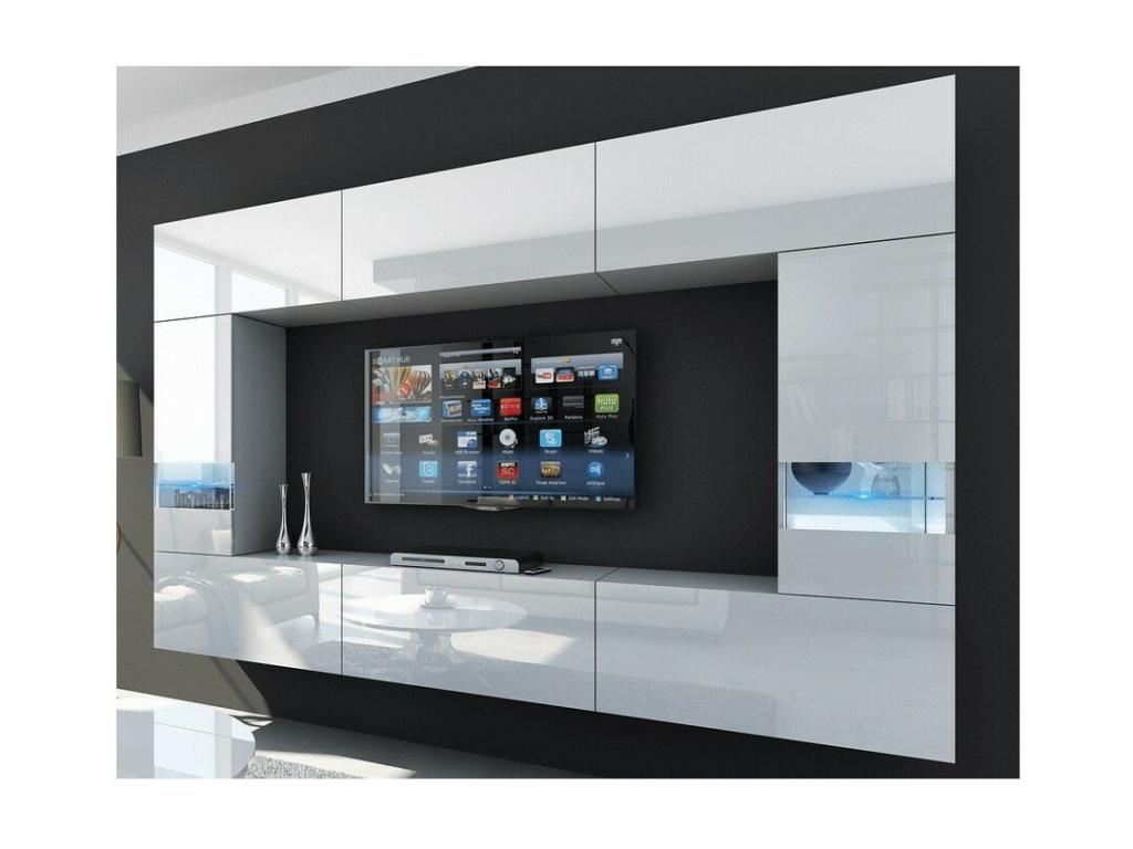 Ensemble de meubles de salon blanc suspendus collection Meublita XXIX- 249cm 8 meubles leds modulables.