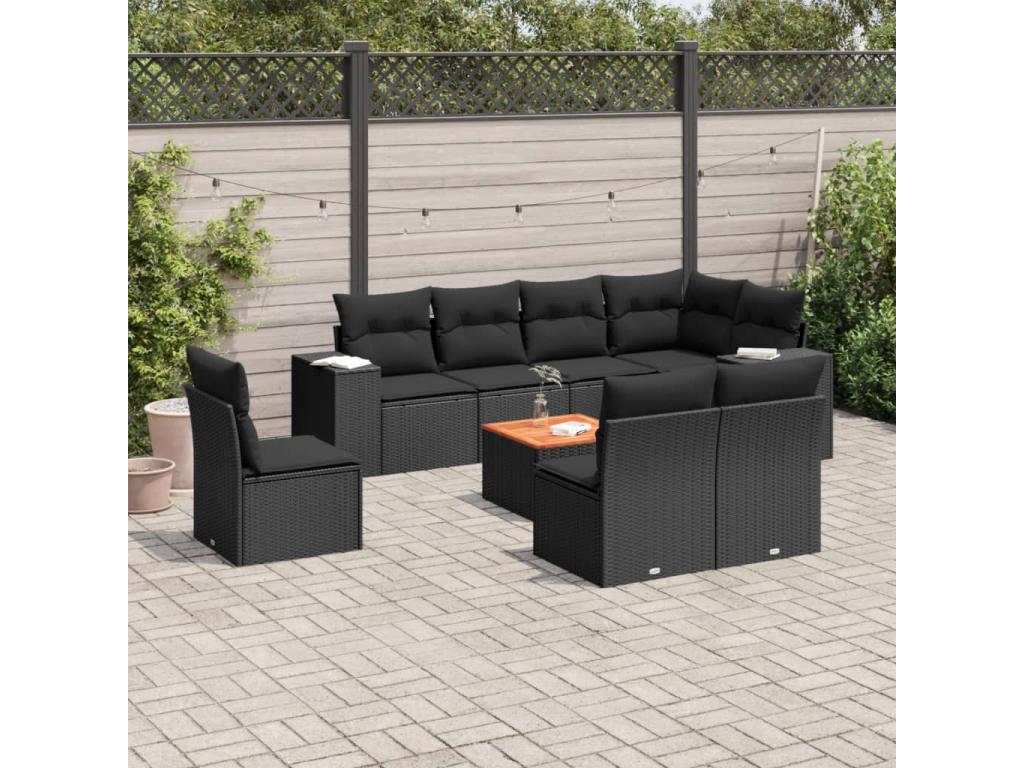 Salon de jardin 9 pièces avec coussins noir résine tressée