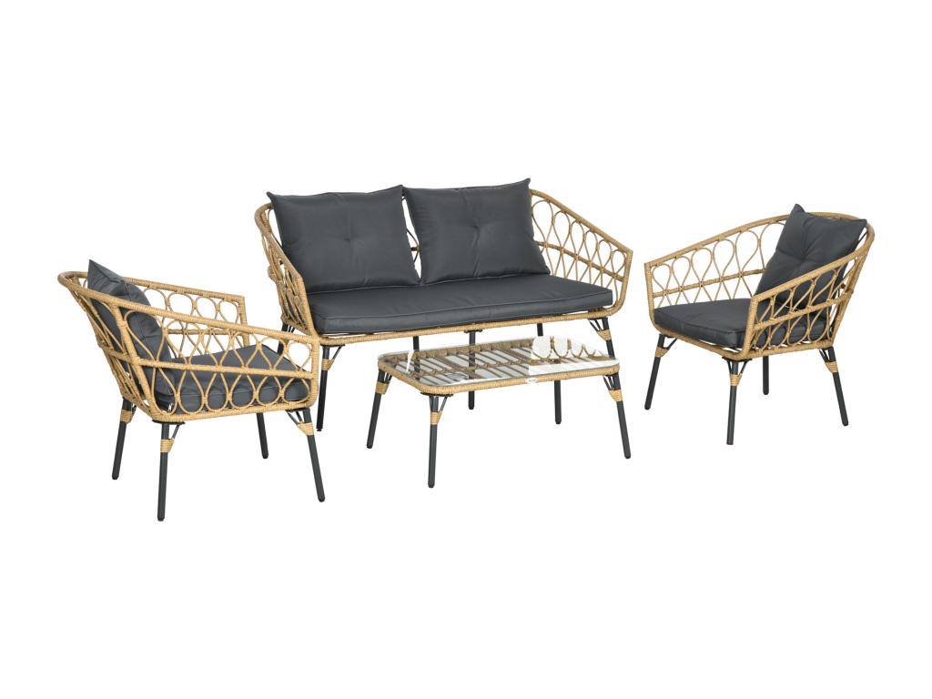 Salon de jardin 4 places 4 pièces style colonial table basse coussins gris inclus résine tressée aspect rotin