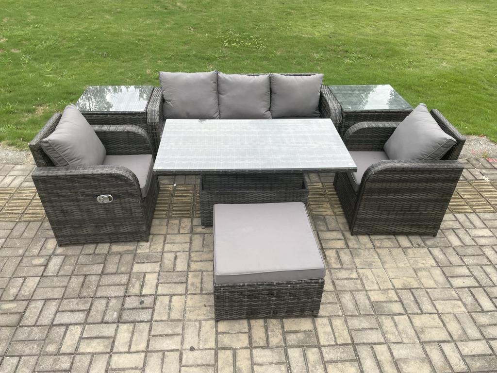 Ensemble de salle à manger jardin en rotin ave Canapé Table à manger réglable en hauteur 2 Chaises inclinables Tabourets MéMeublita gris foncé