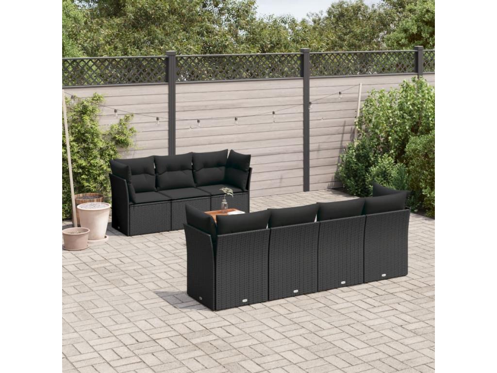Salon de jardin 8 pièces avec coussins noir résine tressée