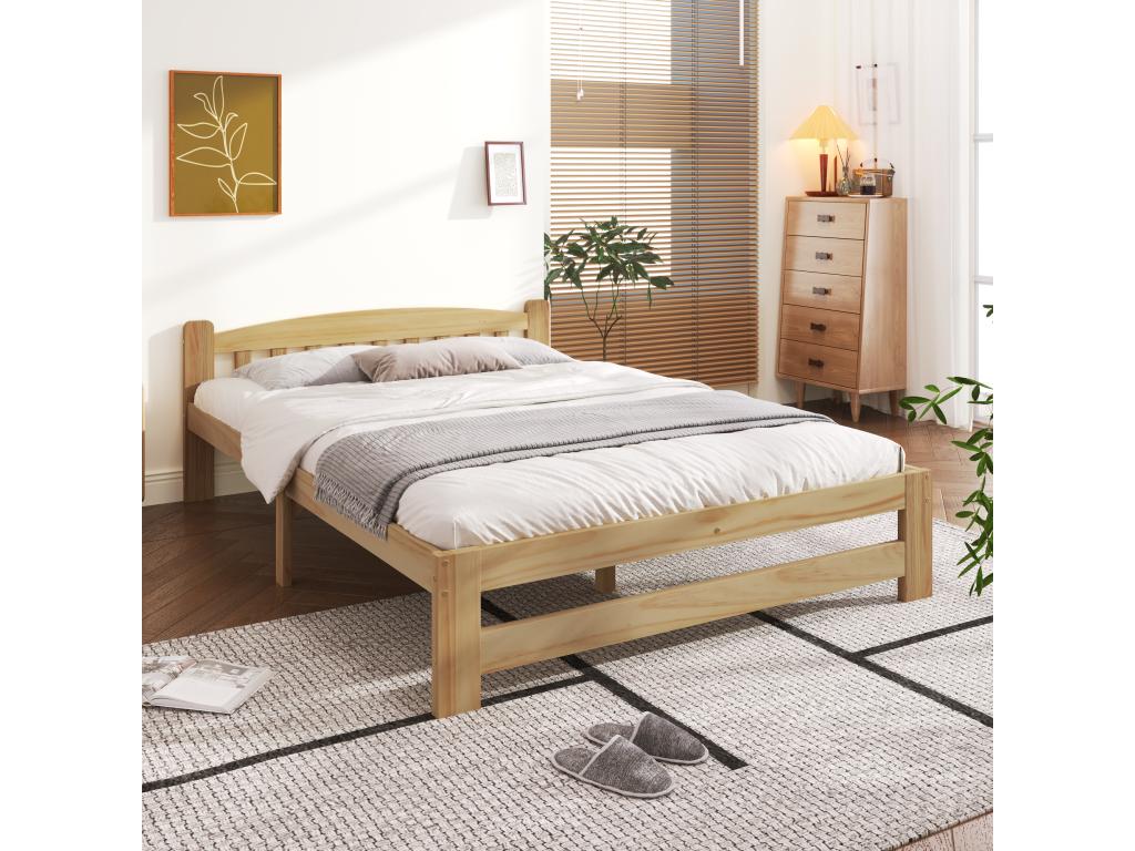 Lit En Bois Massif Et Doucezen - 140x200 cm - Avec Tête De Lit Et Sommier à Doucezen - Naturel