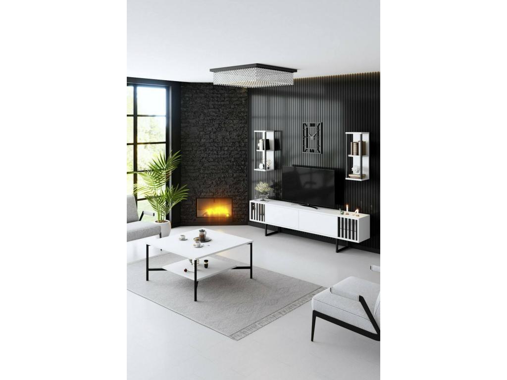 Meuble TV Vertchez Buffet de salon Armoire basse pour TV Base murale de rangement 180x30h48 cm Blanc et Noir