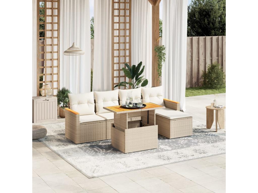 Salon de jardin avec coussins 6 pcs beige résine tressée