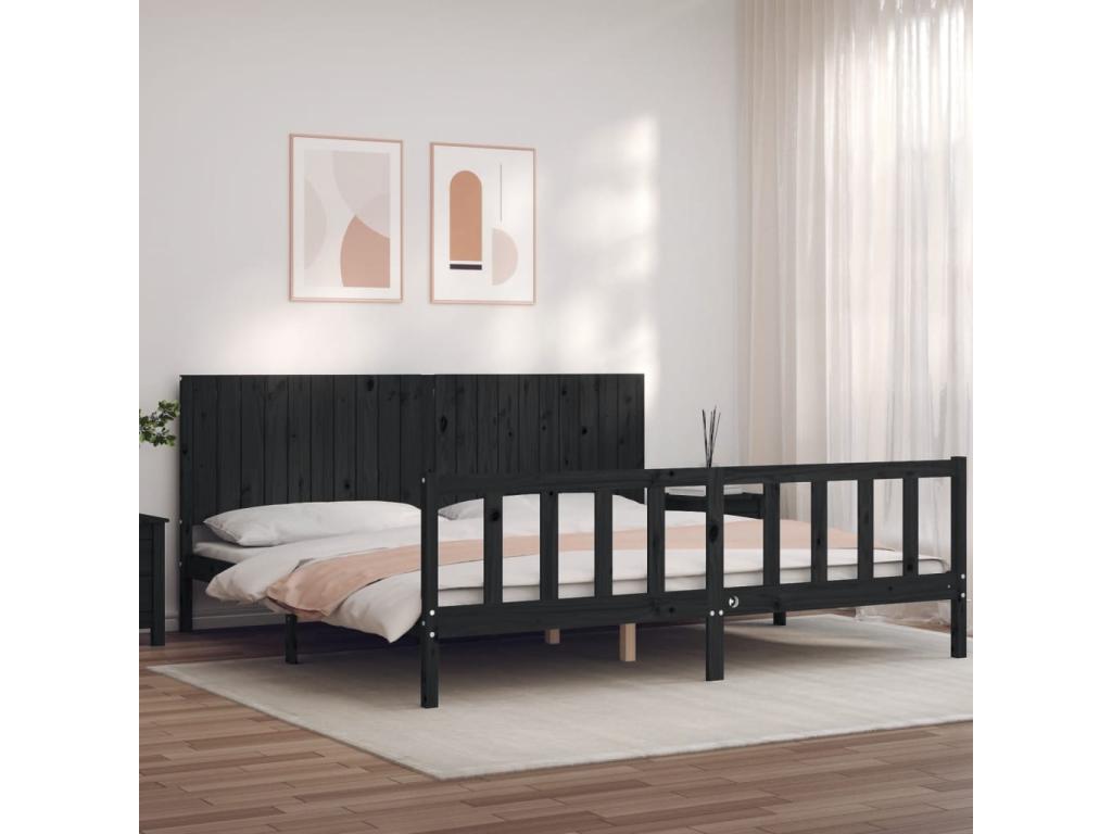 Cadre de lit avec tête de lit noir 200x200 bois massif