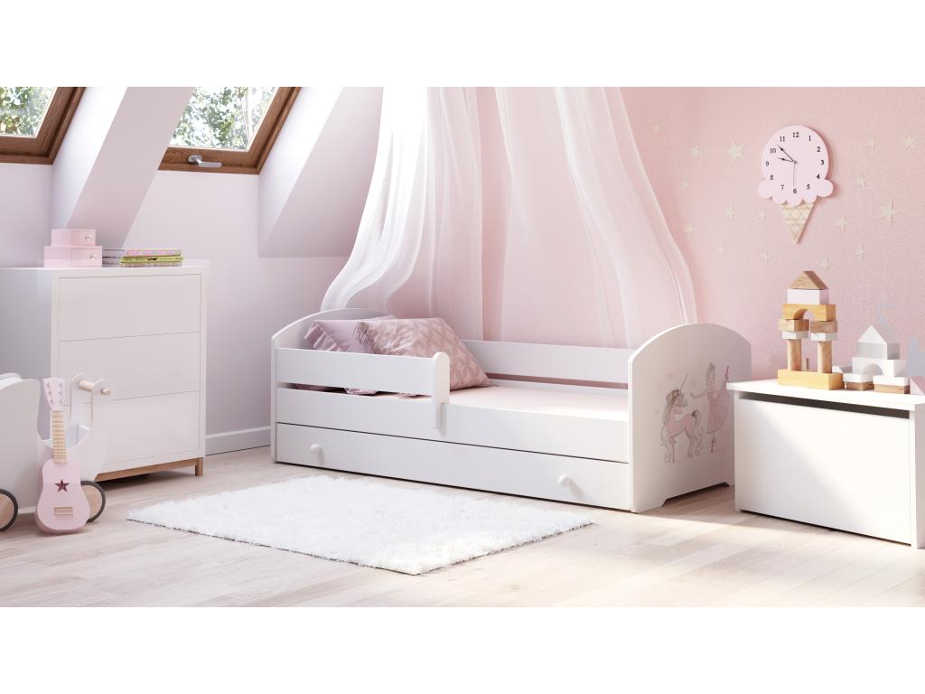Lit enfant fille Meublita avec tiroir balustrade et matelas inclus - Princesse et licorne roses - 160 cm x 80 cm