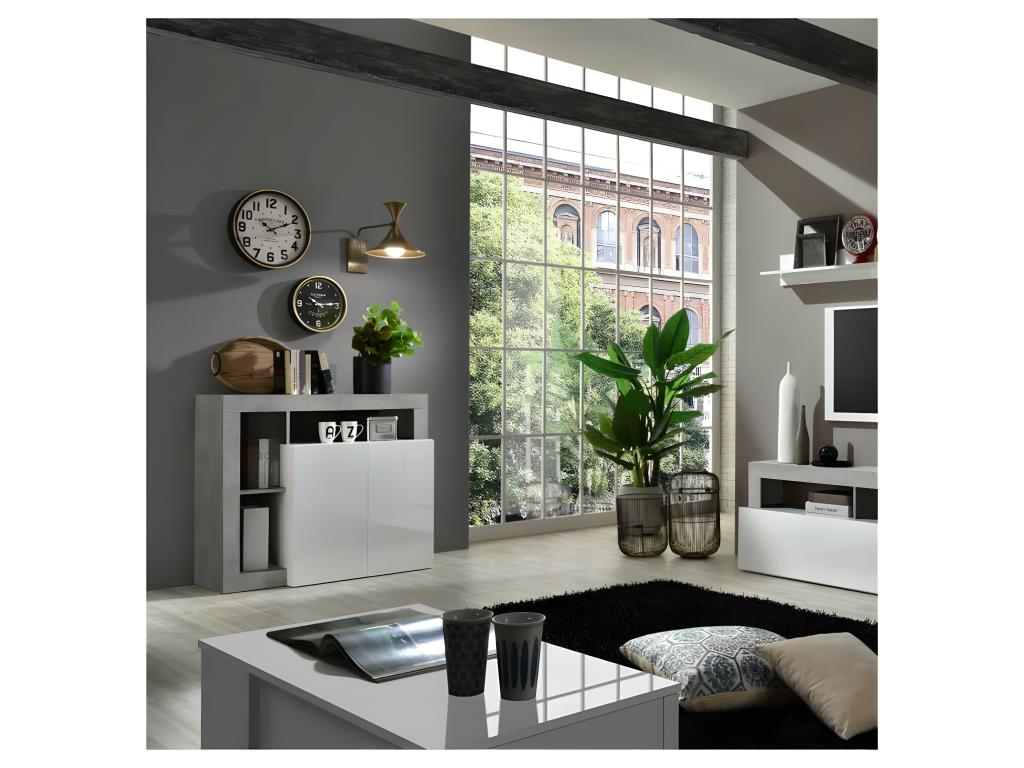 Buffet 2 portes Blanc laqué brillant/Béton ciré clair - Doucezen