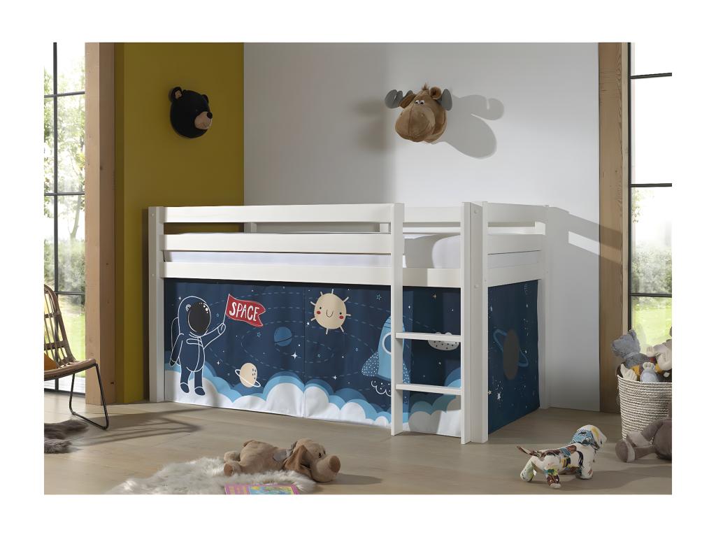 SLEEPY - Lit Mi-Haut en Pin Laqué Blanc 90x200cm Housse Espace