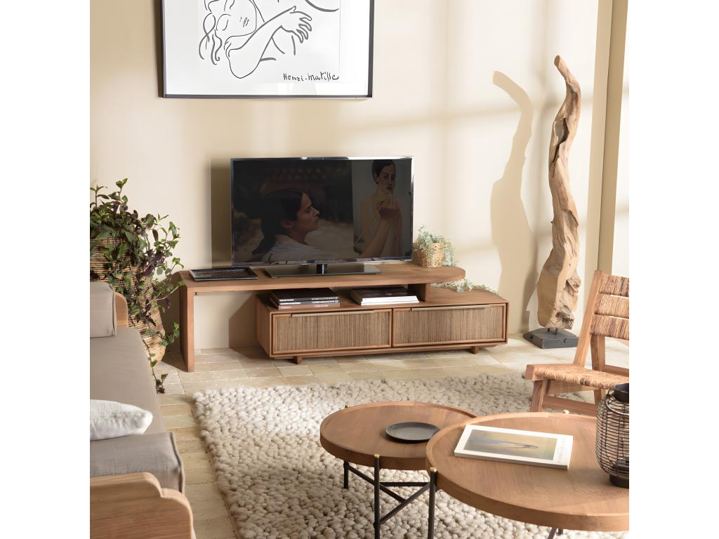 Doucezen - Meuble TV modulable 140x40cm 2 tiroirs en bois teck recyclé