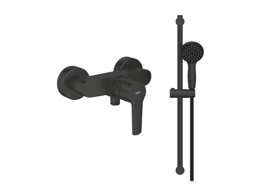 Pack mitigeur douche mécanique Doucezen Start noir ensemble de douche Doucezen Start avec barre support et pommeau noir