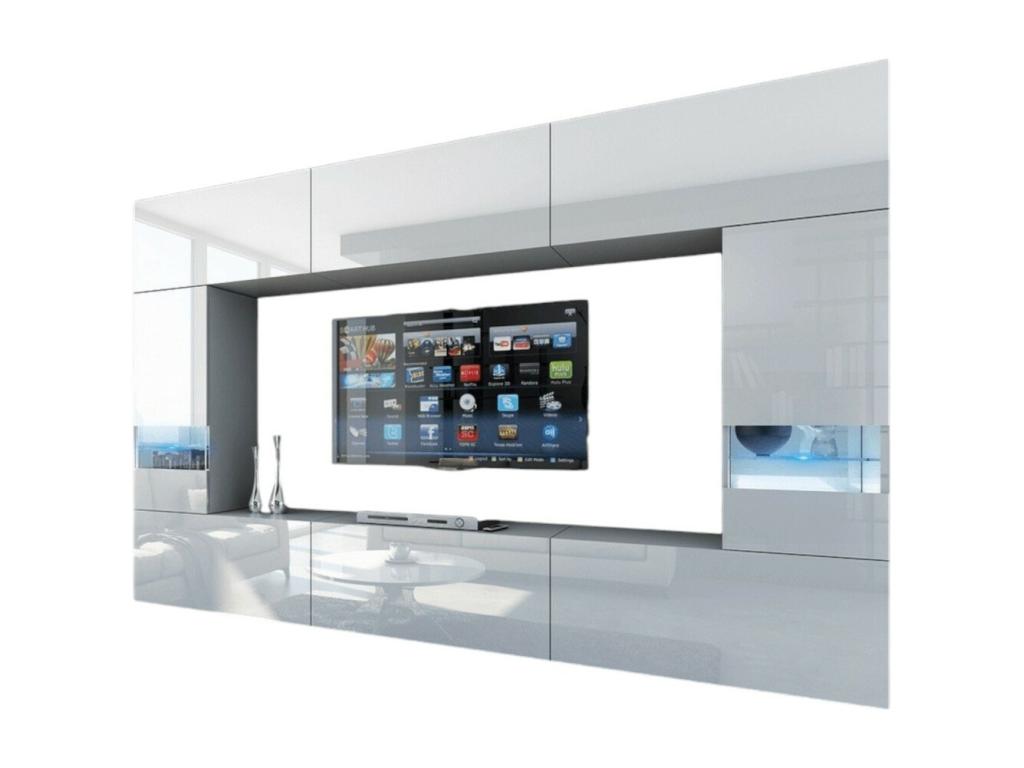 Ensemble de meubles de salon blanc suspendus collection Meublita XXIX- 249cm 8 meubles leds modulables.