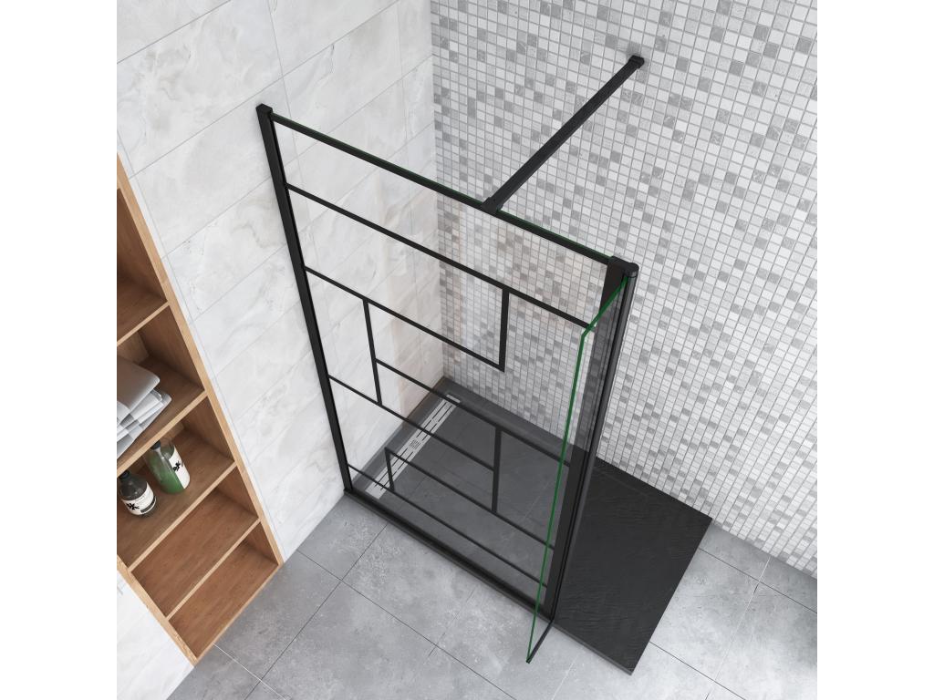Paroi de douche fixe à l'italienne 70 40x200cm avec retour pivotant - Noir - avec barre de fixation 140cm récupérable