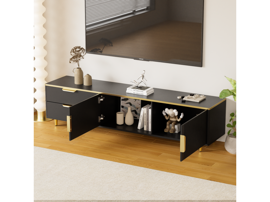 Meuble TV 175cm avec 2 tiroirs 2 portes Pieds et poignée en métal Doré motifs sculptés style Scandinave Meuble de salon en bois - Noir