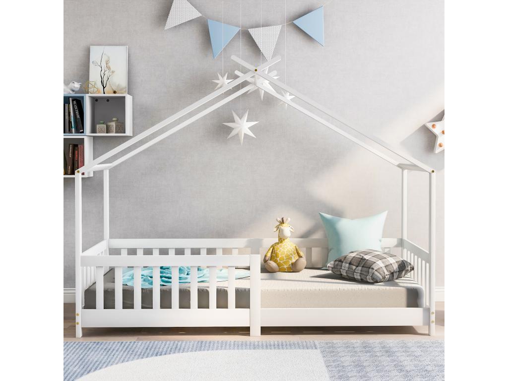 Lit d'enfant 90x200 cm en bois massif avec barrière et sommier à Meublita avec protection contre les chutes blanc