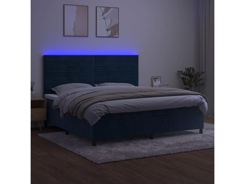Sommier tapissier matelas et LED Bleu foncé 200x200 cm Velours